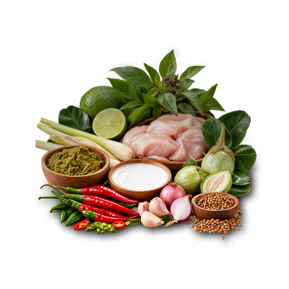 A styled arrangement of fresh cooking ingredients on a white background, including raw chicken breasts, lemongrass, lime, shallots, red chilies, garlic, herbs, and bowls of spices and coconut cream.