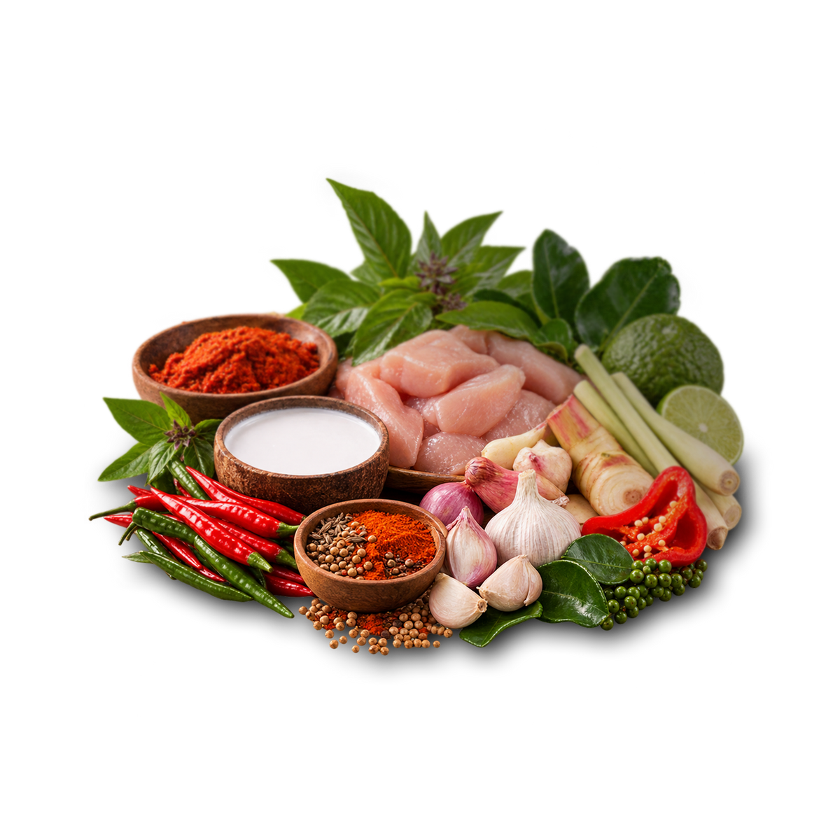 A styled food arrangement of raw chicken breast with surrounding ingredients including red chilies, green onions, lemongrass, garlic, shallot, lime, basil, and small bowls of spices and a white liquid, photographed on a clean white background.