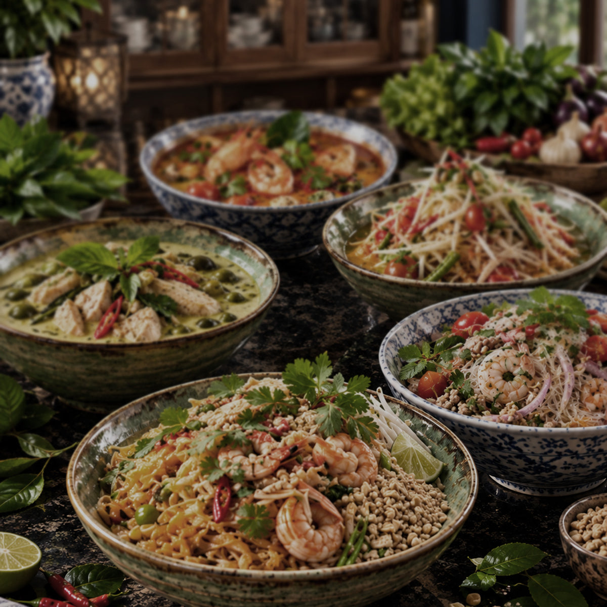 A styled food scene showing several bowls of prepared Thai dishes on a dark table, including green curry, Pad Thai, and a papaya salad, with fresh herbs and vegetables around them.