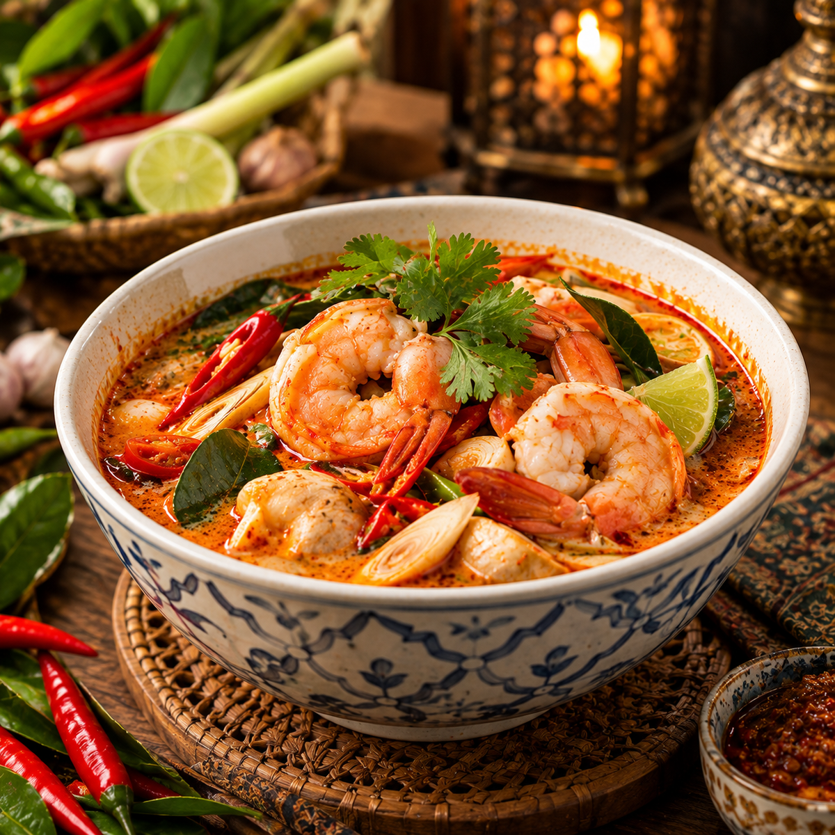 A large white ceramic bowl with blue floral patterns filled with a spicy shrimp soup, garnished with fresh cilantro and lime, set on a woven mat with a warm, rustic background.