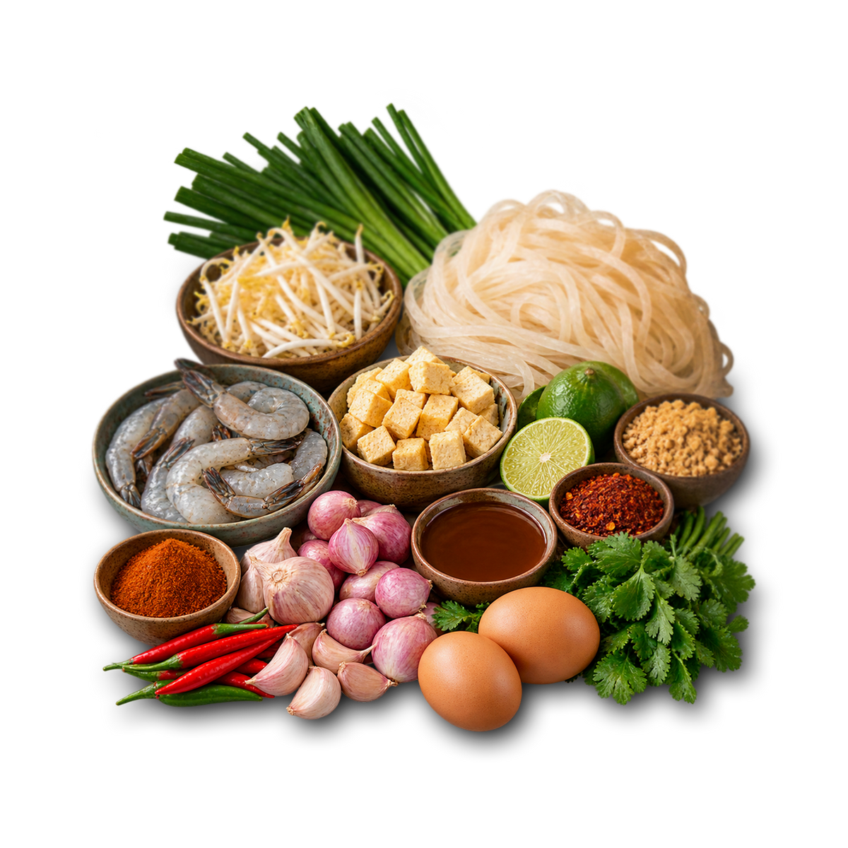 A styled arrangement of raw Thai cooking ingredients on a white background, including noodles, shrimp, tofu, garlic, shallots, chilies, lime, cilantro, peanuts, and fish sauce.