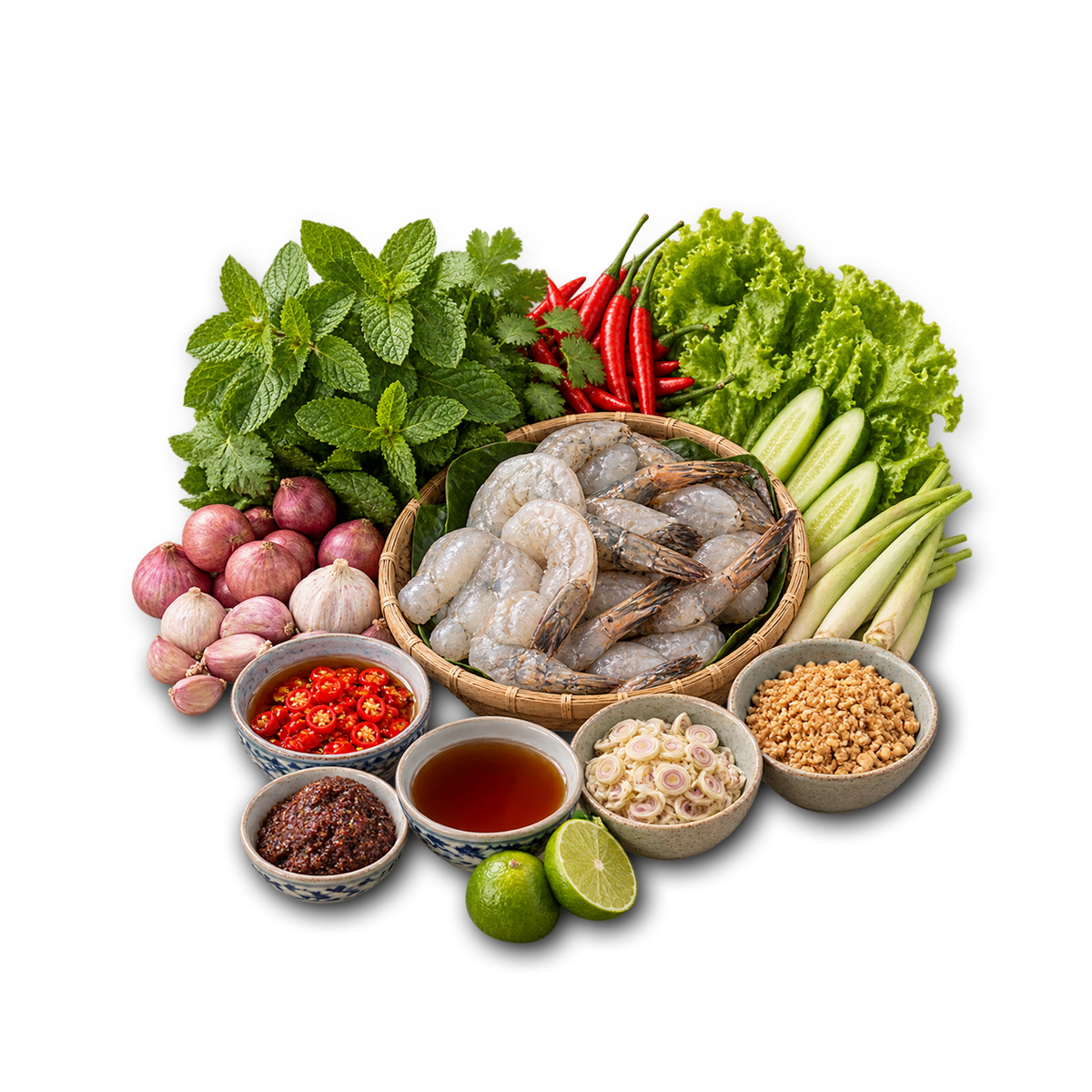 A styled food arrangement on a white background featuring raw shrimp in a basket, mint leaves, red chilies, lettuce, cucumber, shallots, garlic, sauces, peanuts, and lime wedges.
