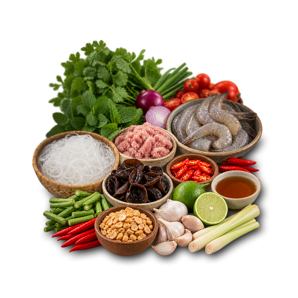 A styled arrangement of fresh cooking ingredients in small bowls and on a plate, including shrimp, shrimp paste, minced meat, mushrooms, vermicelli noodles, green beans, red chilies, garlic, peanuts, lime, lemongrass, and herbs, isolated on a black background.