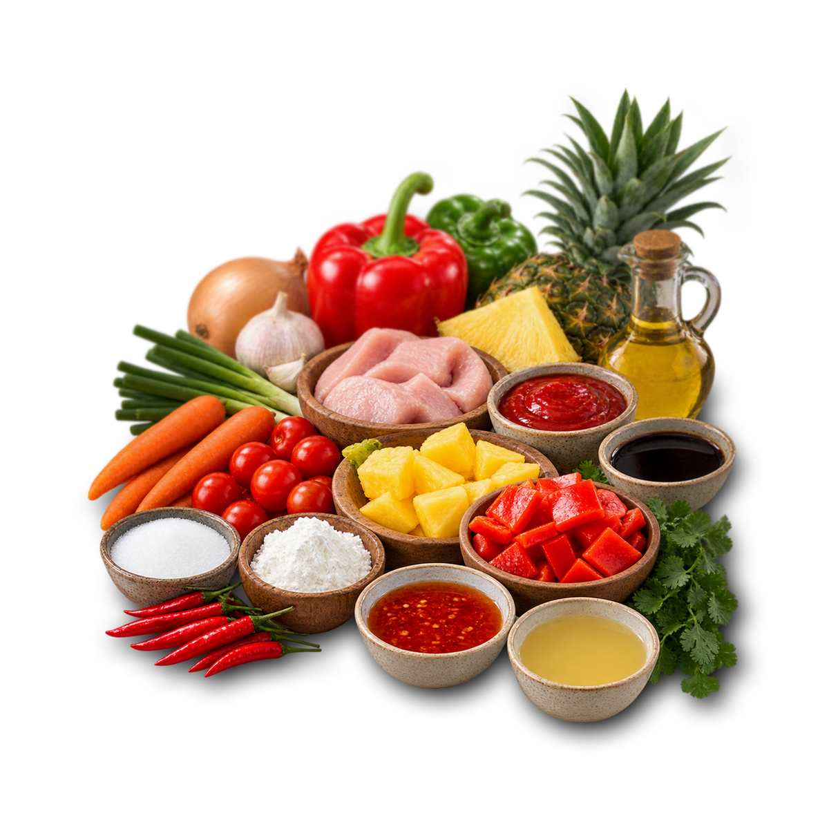 A styled arrangement of fresh ingredients on a white background, including a red bell pepper, pineapple, carrots, garlic, onions, tomatoes, chicken, bowls of sauces, chili peppers, and a bottle of oil.