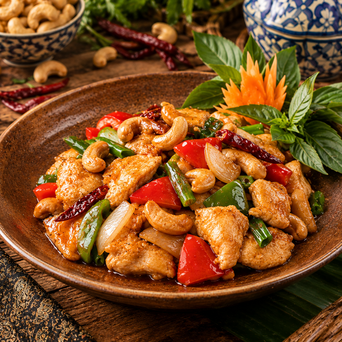 A close-up of a prepared chicken-cashew nut dish in a brown bowl, featuring golden-brown fried pieces mixed with cashews, red and green peppers, onions, dried red chilies, and fresh green basil leaves, garnished with an orange flower carving on a wooden table.