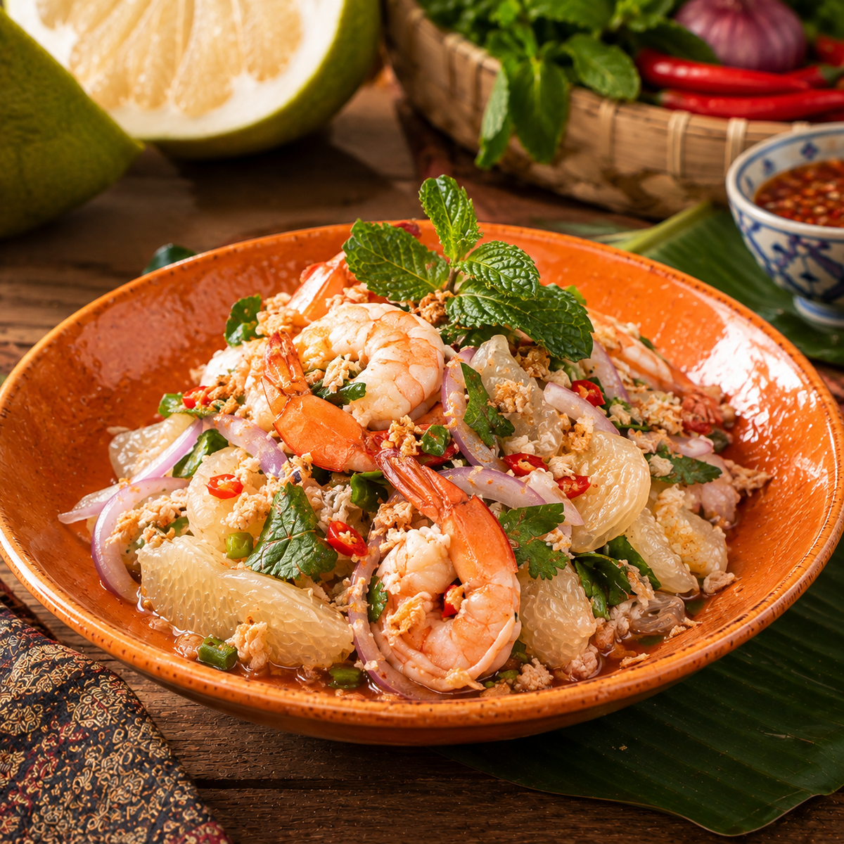 A close-up of a prepared pomelo shrimp salad served in an orange bowl on a wooden table, with lime, herbs, red chilies, and a small dipping sauce visible in the background.