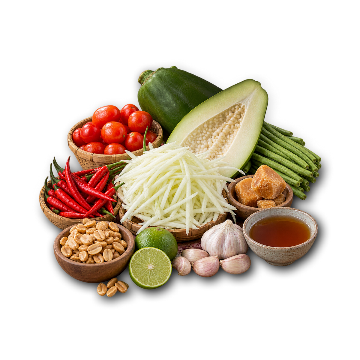 A styled arrangement of fresh Thai ingredients in small wooden bowls and on a white background, including red tomatoes, red chilies, shredded pale yellow greens, green beans, a green papaya half, a lime half, peanuts, garlic, and a bowl of amber liquid.