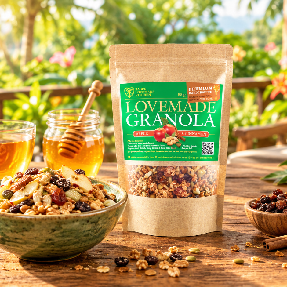 A 100 g stand-up pouch of Sasi's Lovemade Kitchen Granola' Apple & Cinnamon flavor, displayed on a rustic wooden table with a bowl of mixed granola, a glass of tea, and a jar of honey in the background.