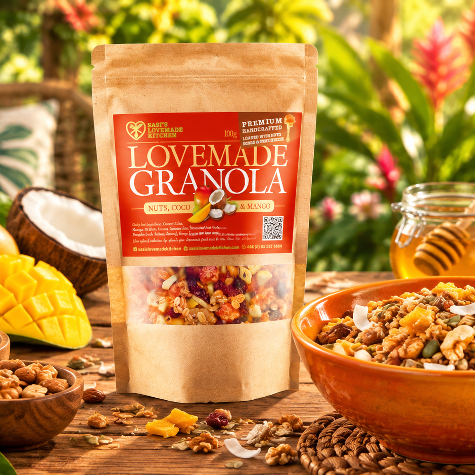 A 100 g stand-up pouch of Sasi's Lovemade Kitchen Granola, Nut, Cocoa & Mango flavor, displayed on a rustic wooden table with bowls of the granola, a sliced mango, a coconut half, and a honey jar in a lush tropical garden setting.