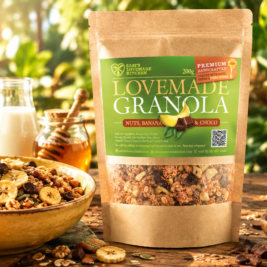 A 200 g stand-up pouch of Sasi's Lovemade Kitchen Granola, shown on a rustic table with a bowl of granola, banana slices, honey, and milk in a sunlit outdoor setting.