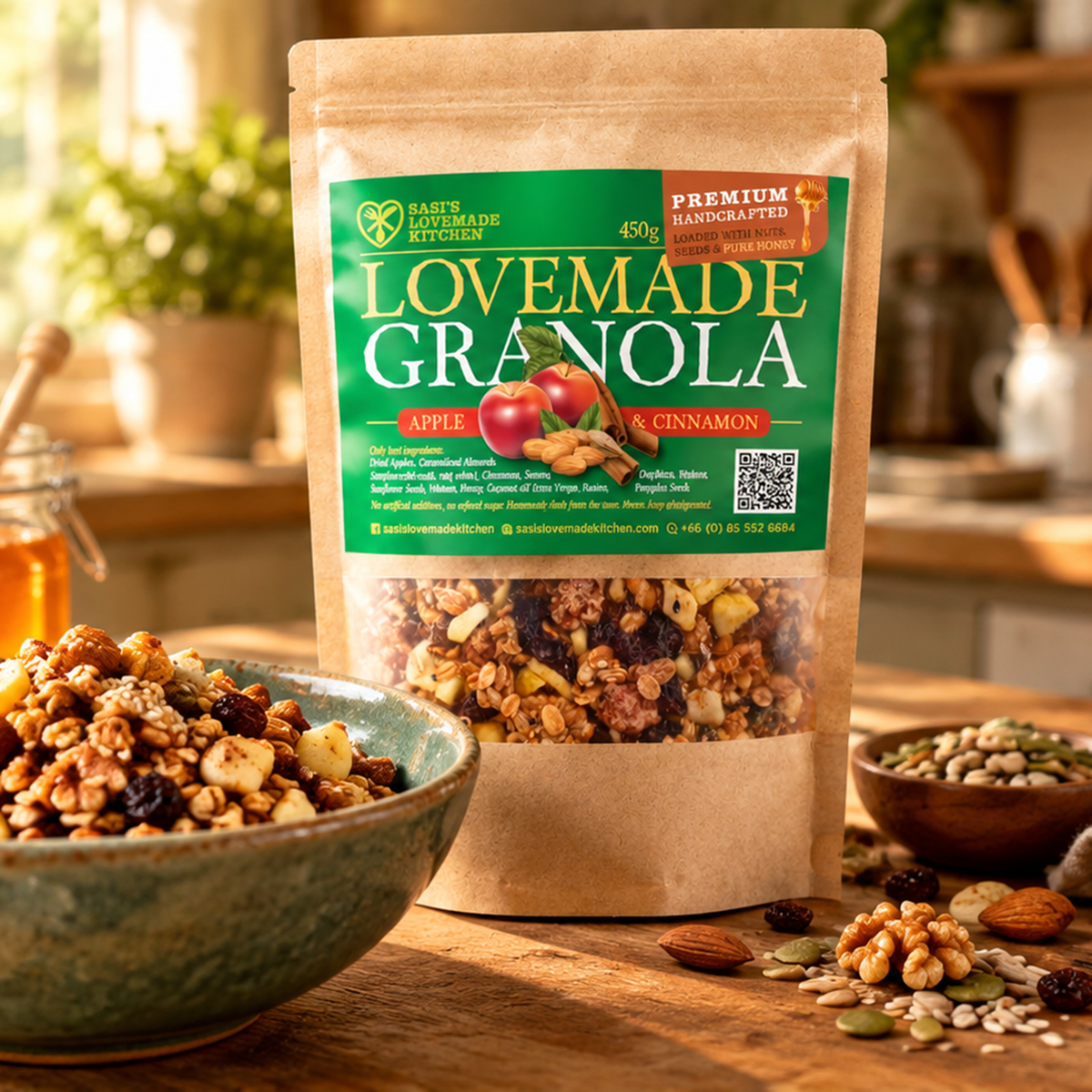 450g family pack of Sasi's Lovemade Apple Cinnamon Granola, with a bowl of granola on a kitchen table