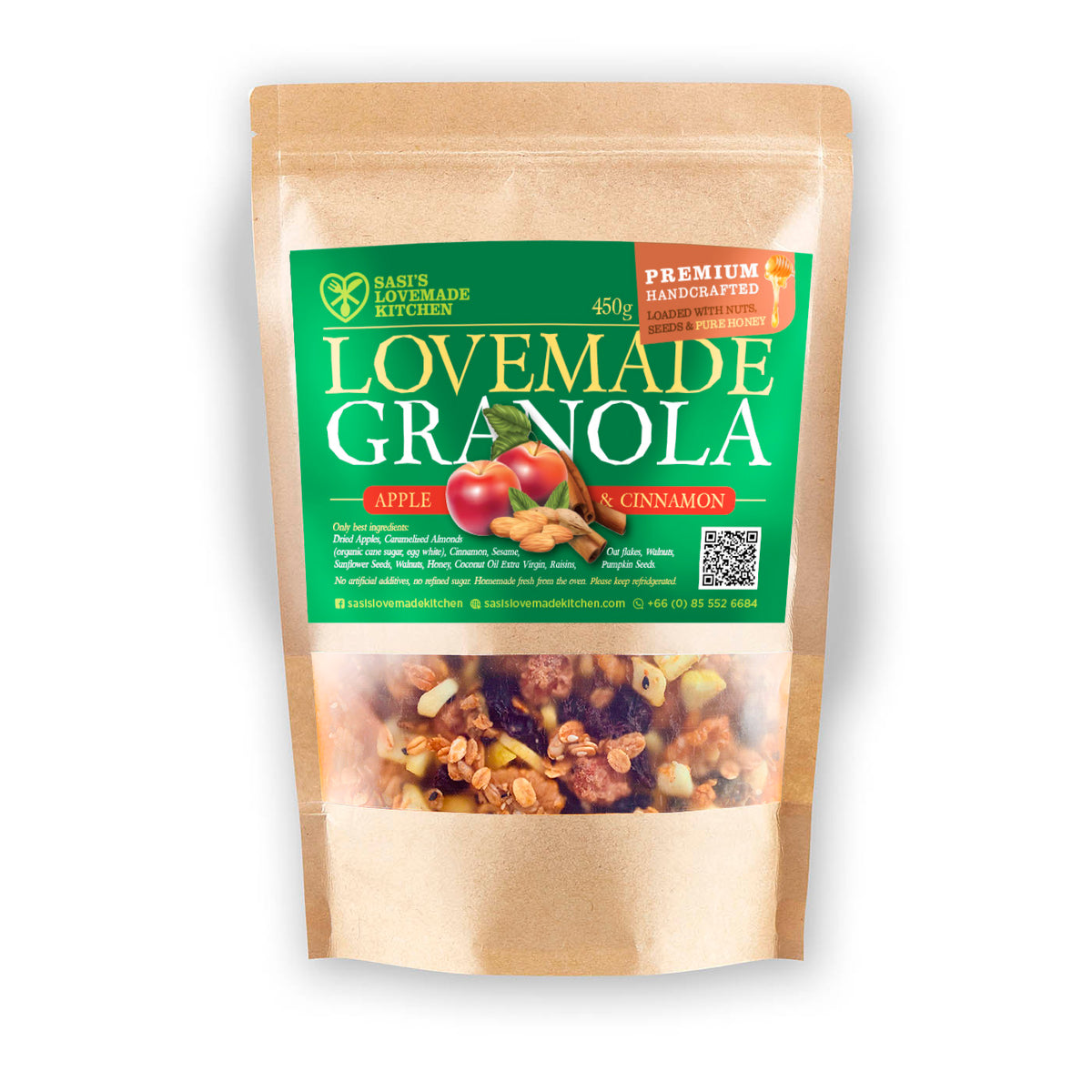A 450g stand-up pouch of Sasi's Lovemade Kitchen Granola, Apple & Cinnamon flavor. The packaging features a kraft paper design with a prominent green label and a clear window showing the granola inside.