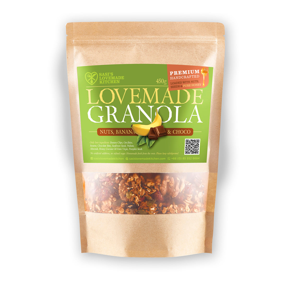 A 450g stand-up pouch of Sasi's Lovemade Kitchen Granola in Nuts, Banana & Choco flavor. The packaging is made of natural kraft paper with a large green label featuring the product name and a clear window at the bottom showing the granola inside.