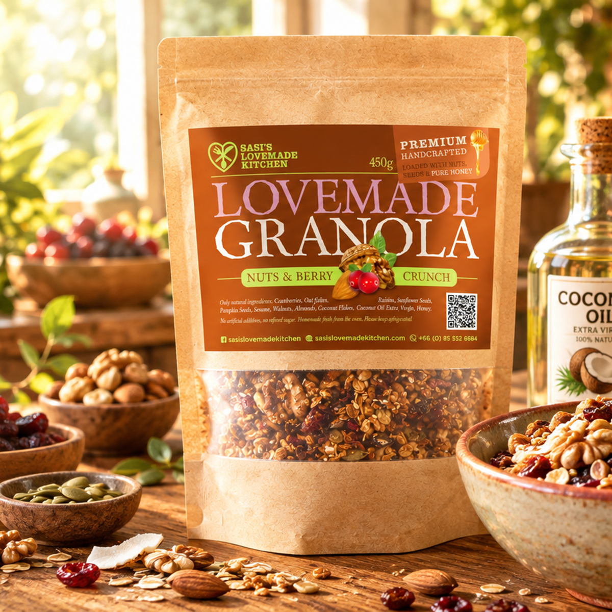 A stand-up kraft pouch of Sasi's Lovemade Kitchen Granola, Nuts & Berry Crunch, displayed on a rustic wooden table with bowls of nuts, dried fruit, and a bottle of coconut oil in a warm, sunlit kitchen setting.