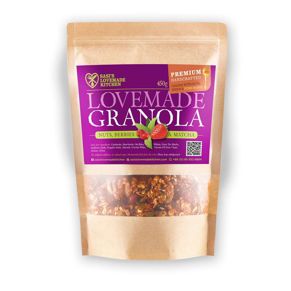 A 450g stand-up pouch of Sasi's Lovemade Kitchen Granola, featuring a purple label Nuts & Berries & Matcha-Label and a clear window showing the granola inside. The pouch is made of a light brown kraft paper material and is set against a plain white background.
