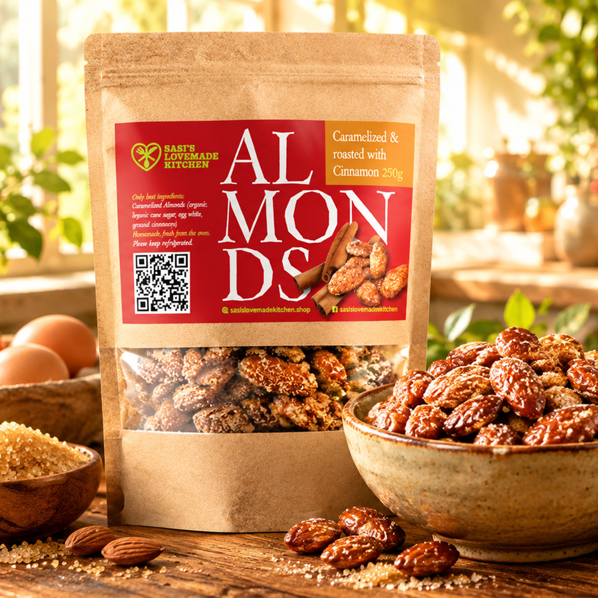 A bag of sasi's Lovemade Kitchen Caramelized & Roasted Almonds with Cinnamon, displayed on a rustic wooden table with bowls of the almonds and whole almonds around it.