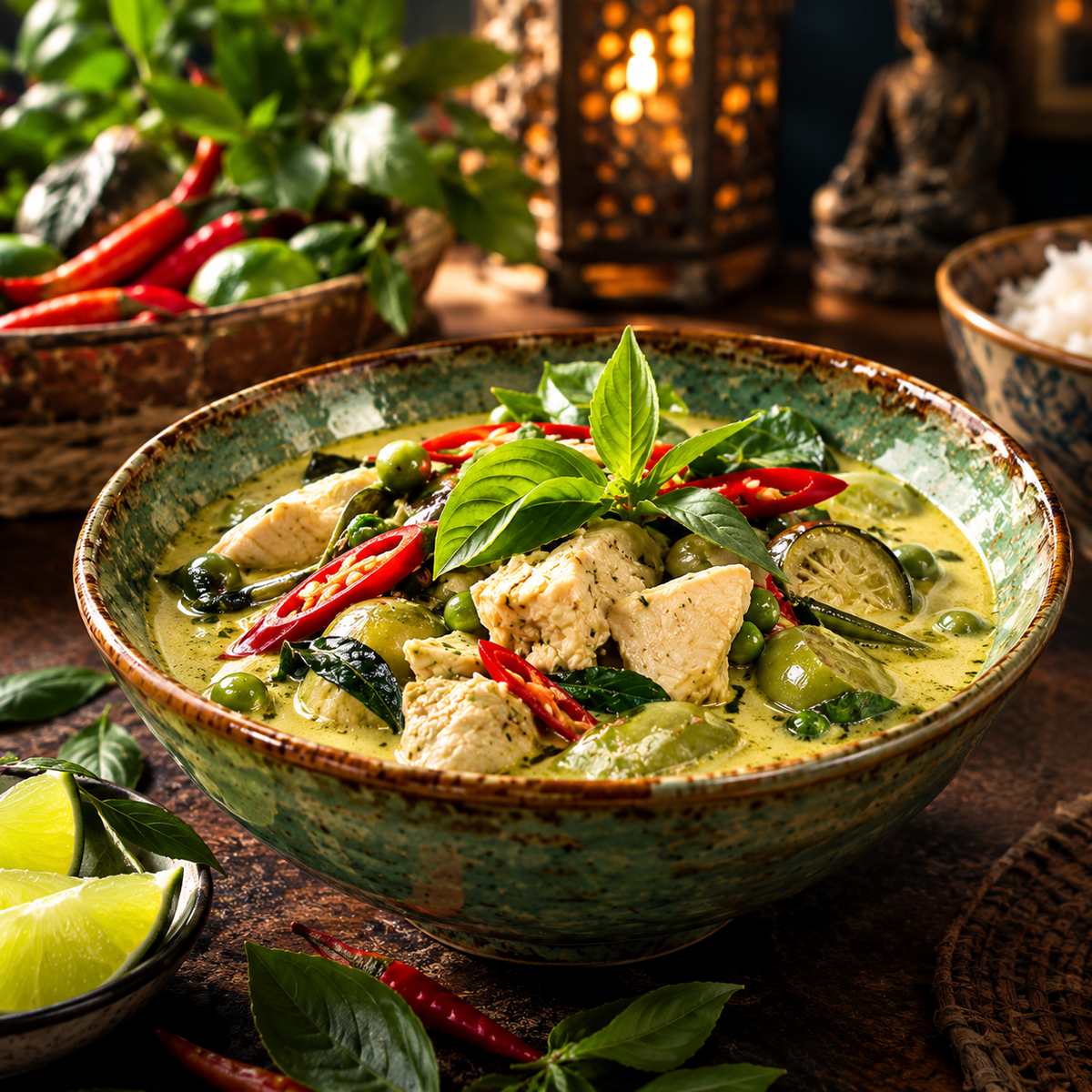 A bowl of creamy green curry with chicken breast, red chili peppers, and fresh basil leaves, presented on a rustic wooden table with herbs, lime wedges, and warm ambient background lighting.