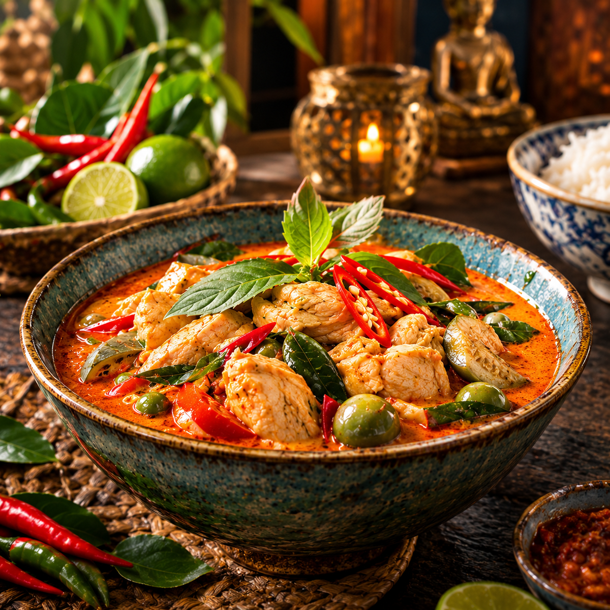 A ceramic bowl filled with a spicy chicken red curry dish, garnished with fresh basil leaves, sliced red chilies, and green olives, set on a rustic wooden table with bowls of rice, lime, and chili peppers in the background.
