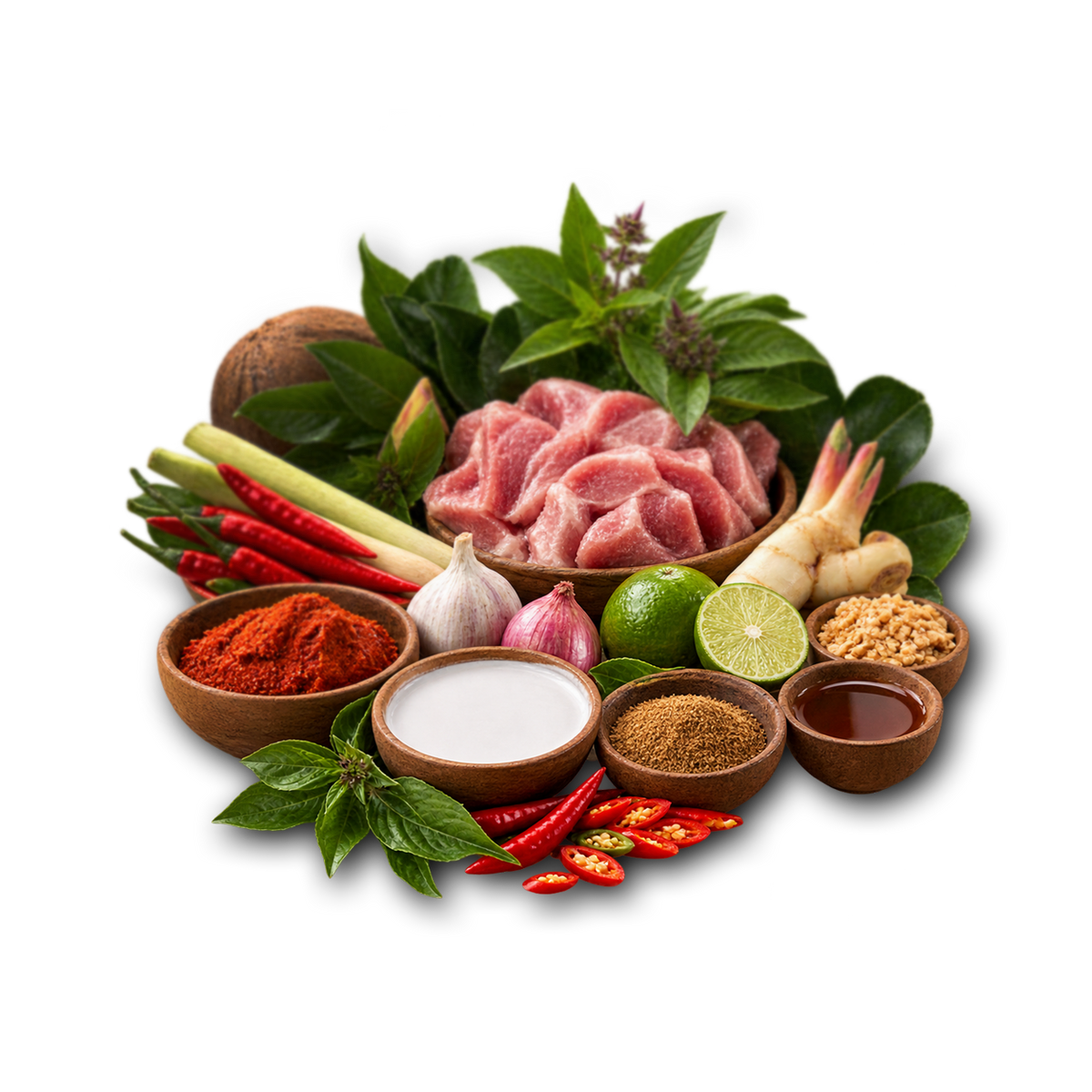 A styled arrangement of fresh cooking ingredients on a white background, including sliced raw meat in a bowl, red chilies, lime, garlic, ginger, herbs, spices in wooden bowls, and a small bowl of dark sauce.