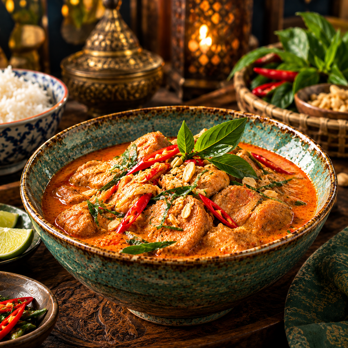 A large ceramic bowl filled with a rich, orange-red curry dish garnished with fresh basil leaves and red chilies, set on a dark wooden table with a warm, ambient restaurant background.