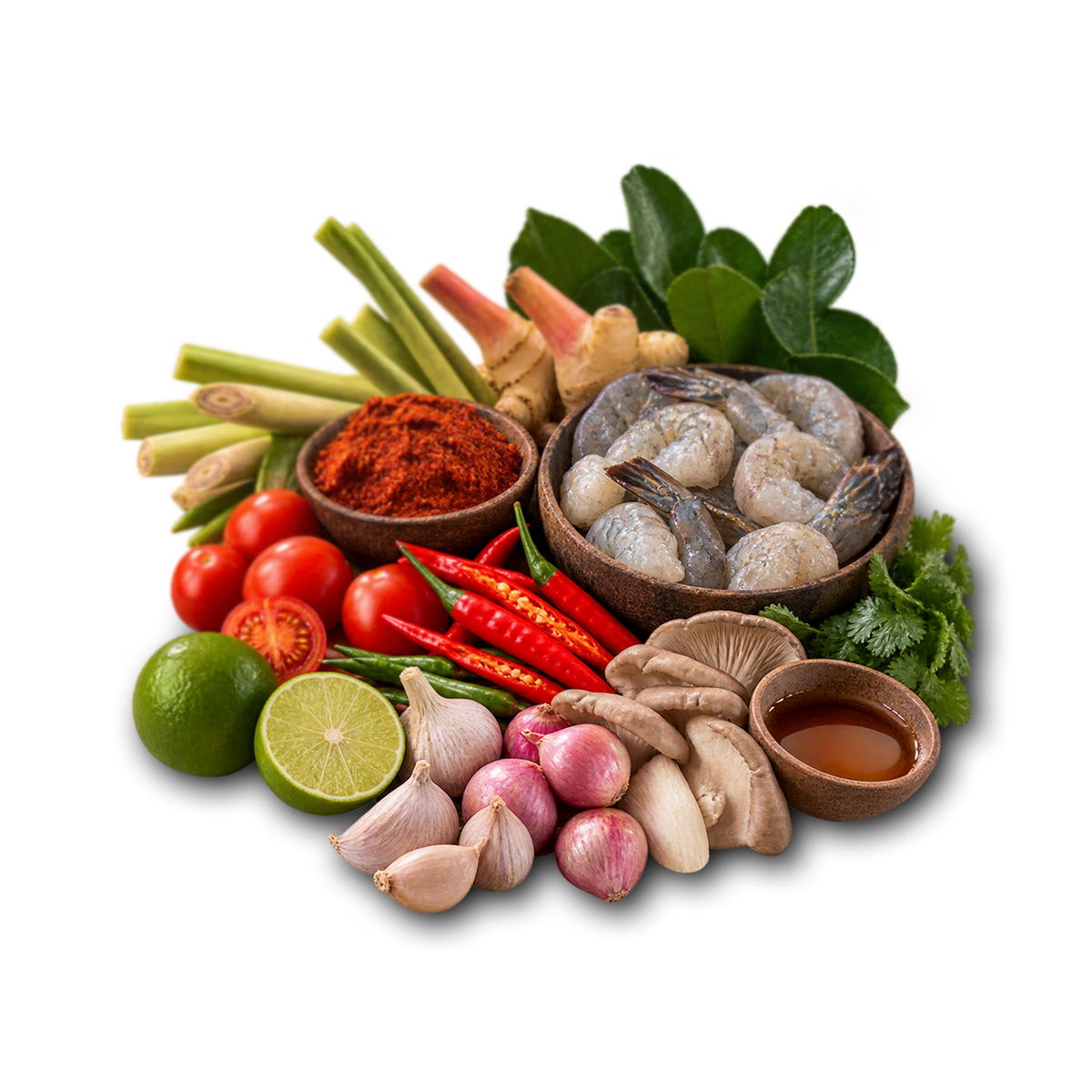 A styled food arrangement on a white background featuring raw shrimp in a bowl, red chili peppers, lime, shallots, garlic, mushrooms, lemongrass, and herbs, arranged together as a cohesive ingredient set.