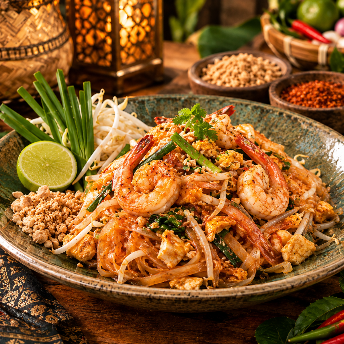A close-up of a plated pad thai dish with shrimp, noodles, egg, green onions, bean sprouts, lime, and peanuts in a rustic ceramic bowl, set on a wooden table with lanterns and condiments in the background.