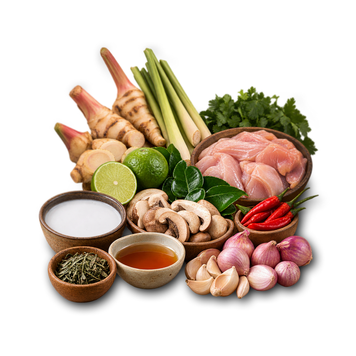A styled arrangement of raw cooking ingredients on a white background, including ginger roots, lemongrass, lime halves, green onions, cilantro, raw chicken breasts, mushrooms, shallots, garlic cloves, red chilies, a bowl of white liquid, a bowl of orange liquid, and a small bowl of dried herbs.