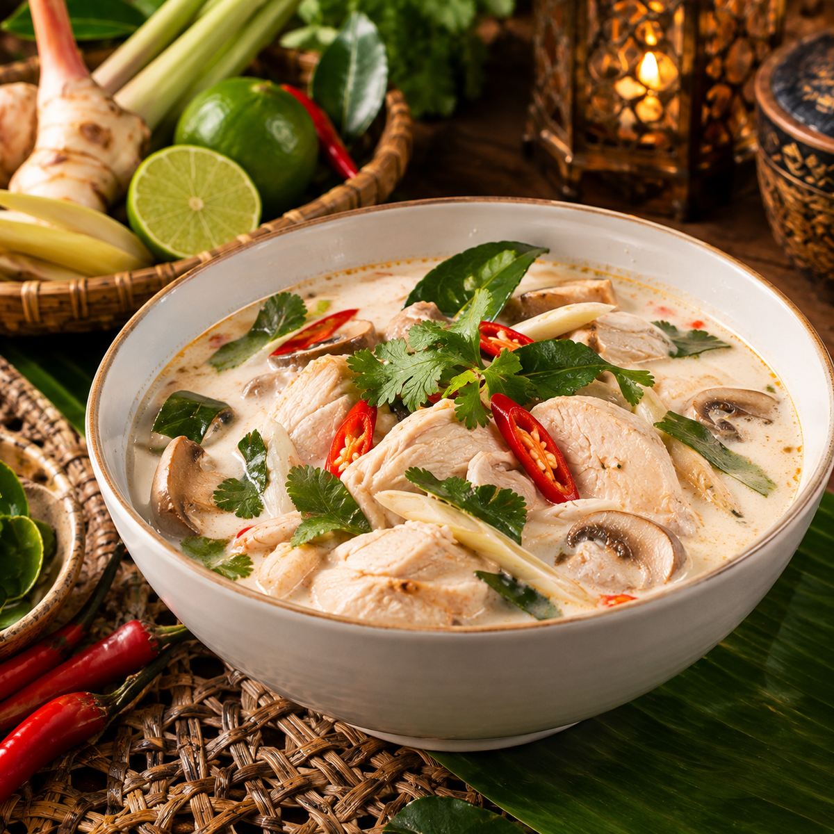 A bowl of creamy chicken coconut soup with mushrooms, cilantro, and red chili peppers, styled on a woven mat with lemongrass, limes, and lanterns in the background.
