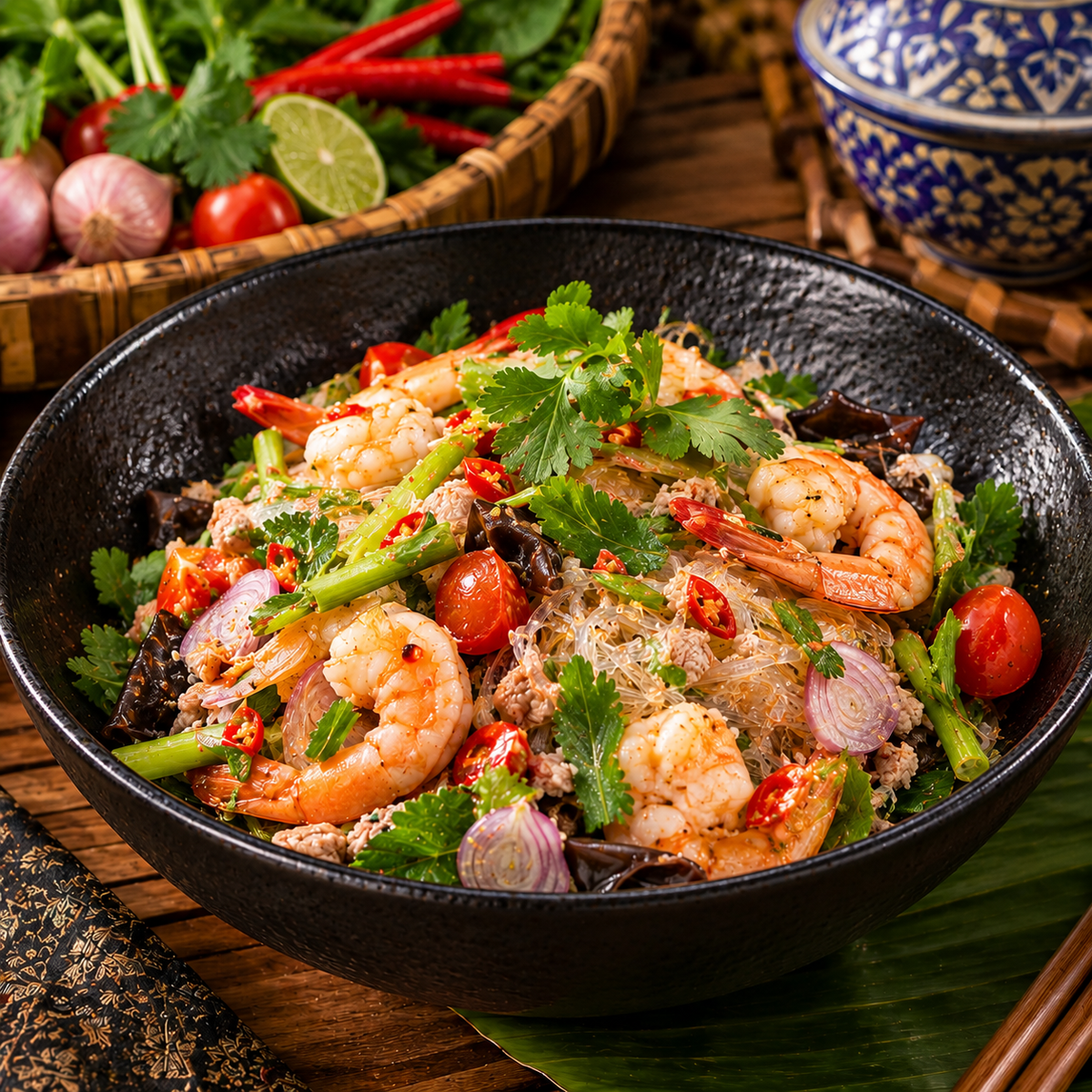 A black bowl filled with a colorful Thai glass noodle salad featuring shrimp, red chilies, cilantro, onions, and lime, set on a wooden table with a basket of vegetables and a blue-and-white bowl in the background.