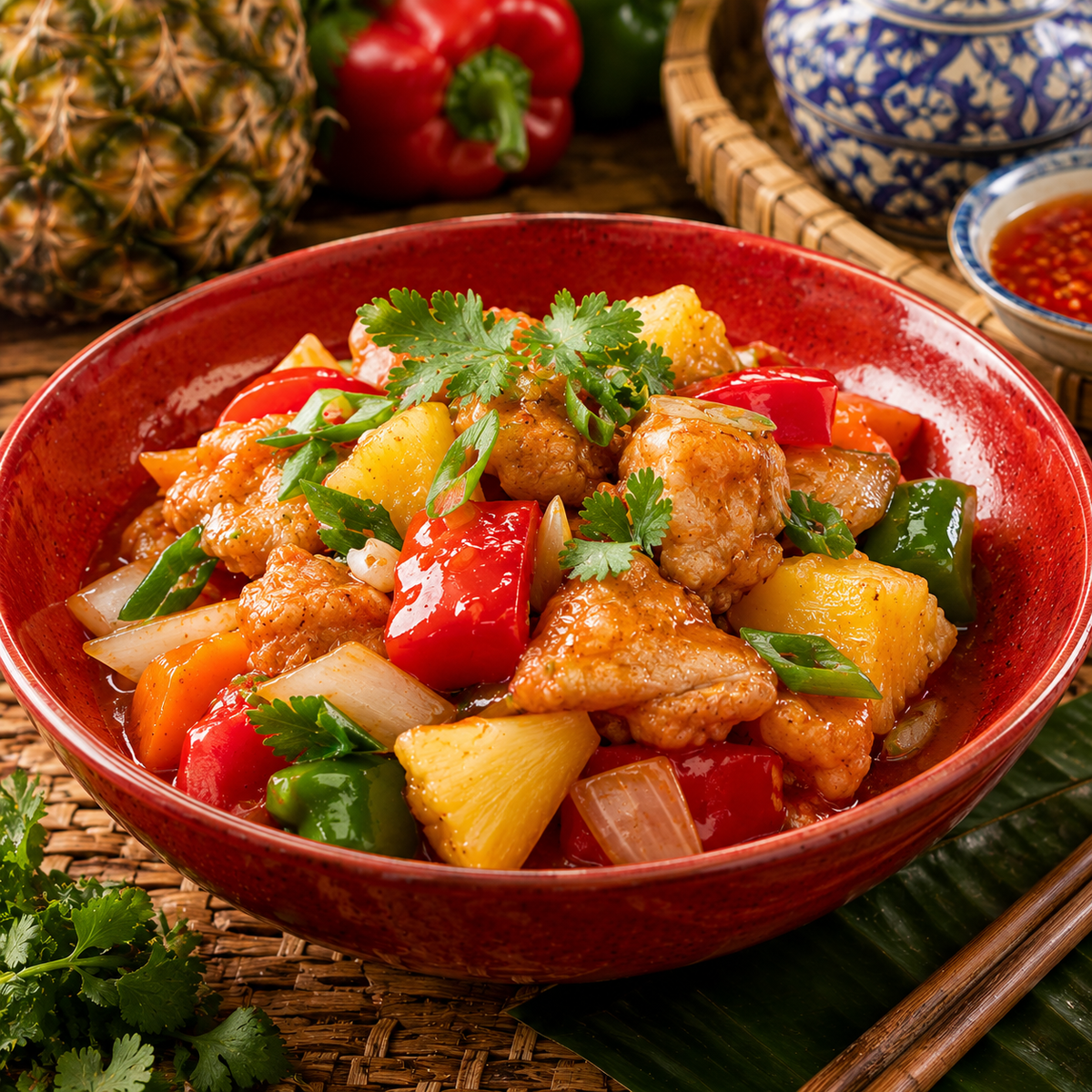 A close-up of a red bowl filled with a colorful stir-fry dish containing pineapple, red bell peppers, green bell peppers, onions, and cilantro, set on a woven mat with whole pineapple and a blue-and-white ceramic bowl in the background.