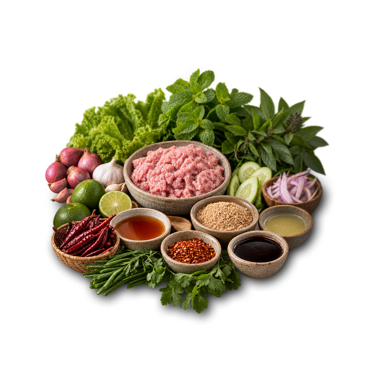 A styled arrangement of fresh and dried ingredients on a white background, including a bowl of ground meat, herbs, limes, shallots, chilies, spices, and sauces in small wooden bowls.