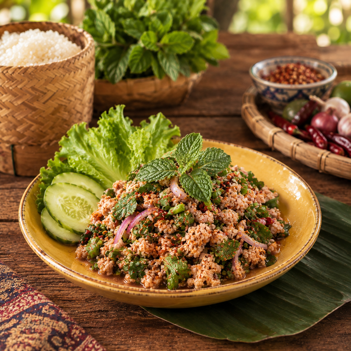 A bowl of freshly prepared Thai pork salad with cooked rice grains, cucumber slices, red onion, herbs, and mint on a rustic wooden table, surrounded by ingredients like rice, mint, and red chili.