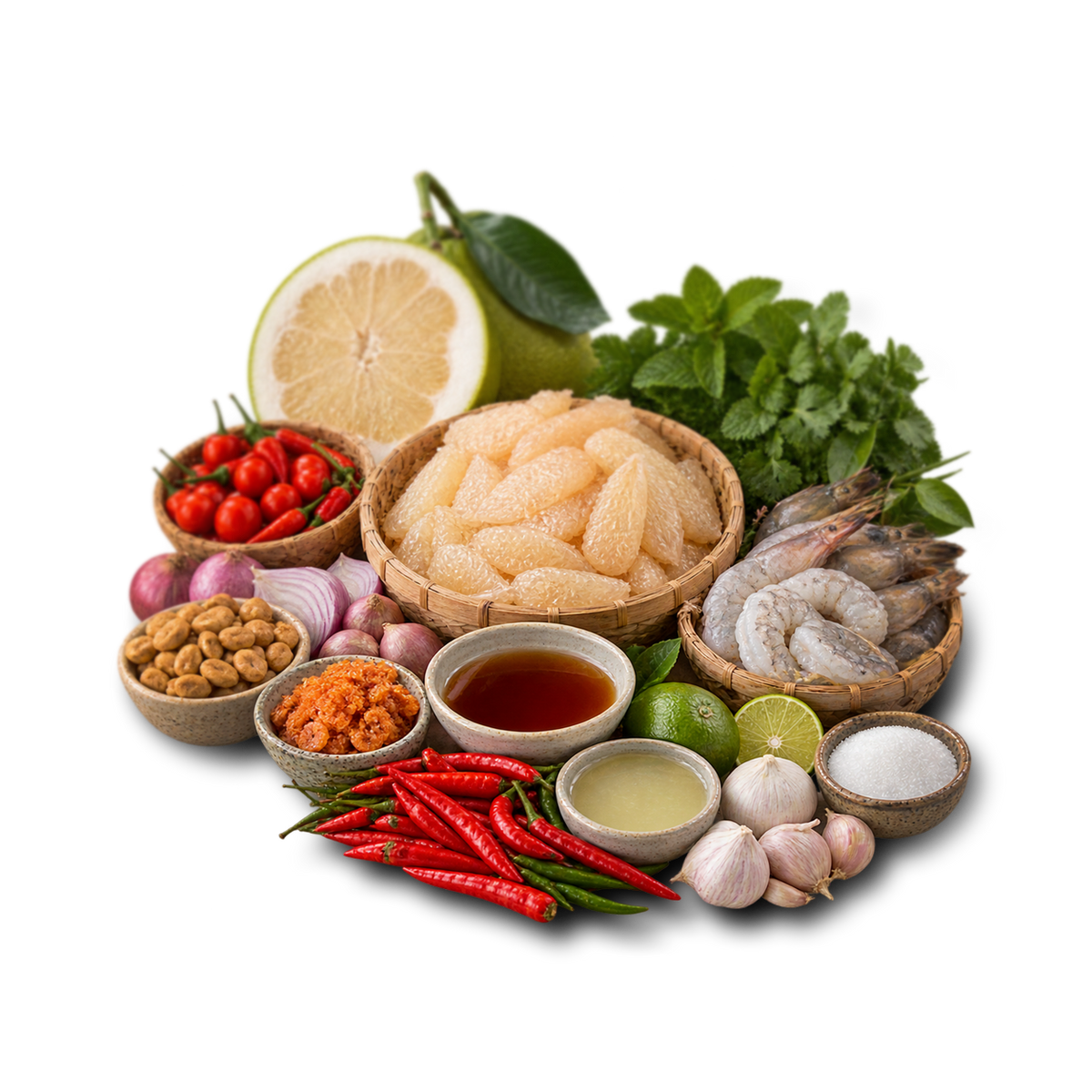 A styled food arrangement on a white background featuring shrimp, peeled citrus segments, red chilies, garlic, limes, herbs, tomatoes, onions, peanuts, and small bowls of sauce.