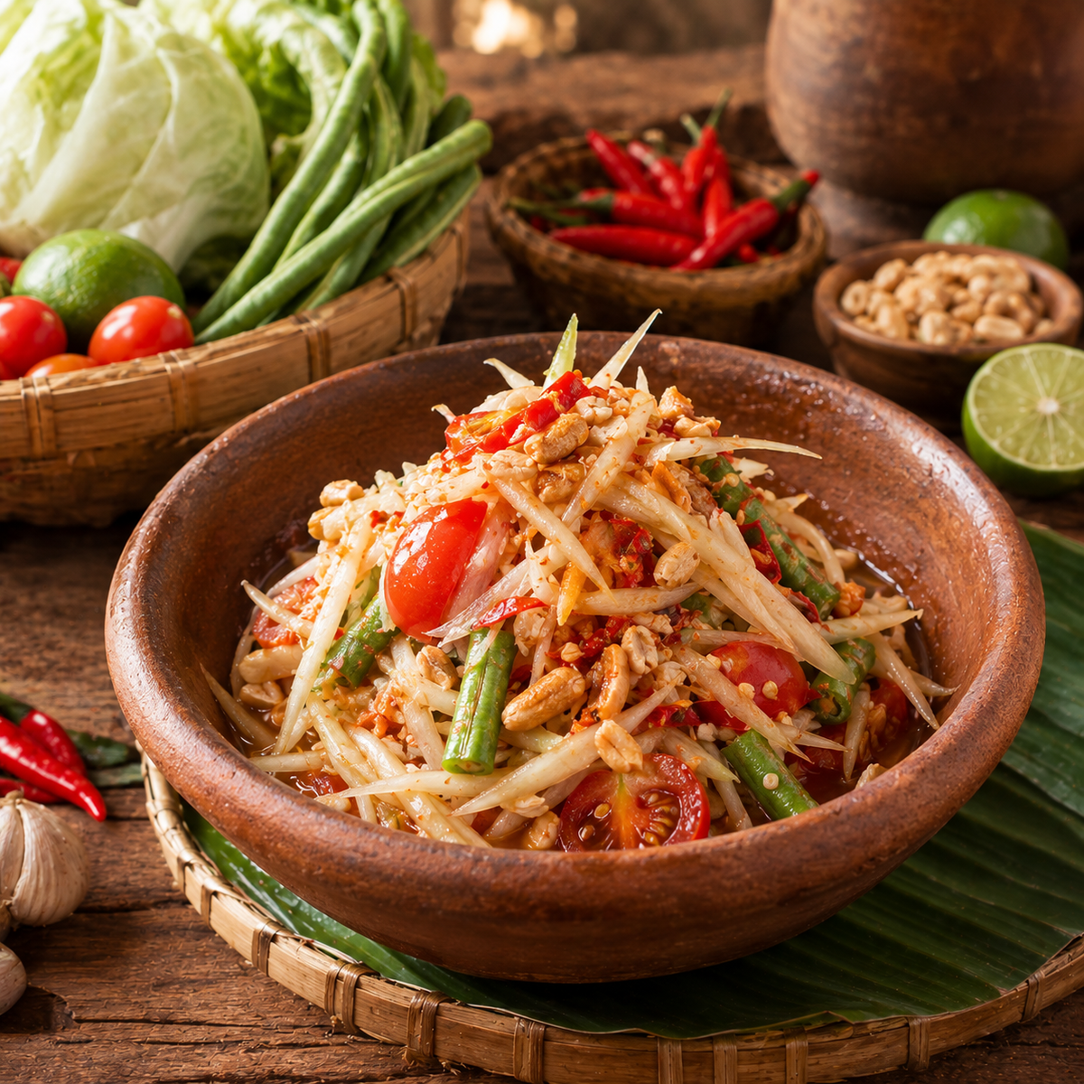 A terracotta bowl filled with a colorful Thai green papaya salad, surrounded by fresh ingredients like limes, red chilies, peanuts, and vegetables on a rustic wooden table.