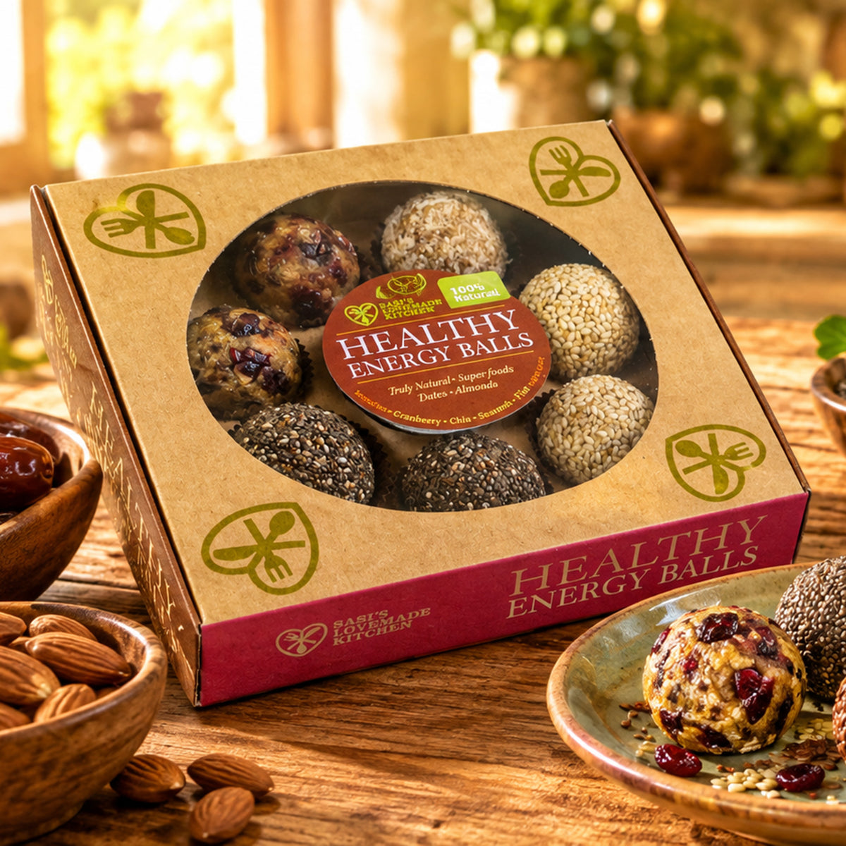 Sasi's Lovemade Energy Balls in a kraft paper box with a clear window, on a wooden table with almonds and dates
