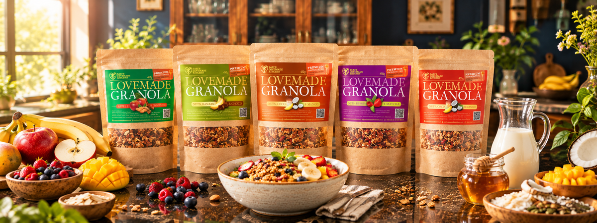 A wide angle view with five bags of Sasi's Lovemade Kitchen Granola in different flavors (Cherry, Cranberry, Passionfruit, Lemon Lime, and Vanilla) are displayed on a rustic kitchen counter surrounded by fresh fruits, a bowl of prepared granola, and a glass of milk.
