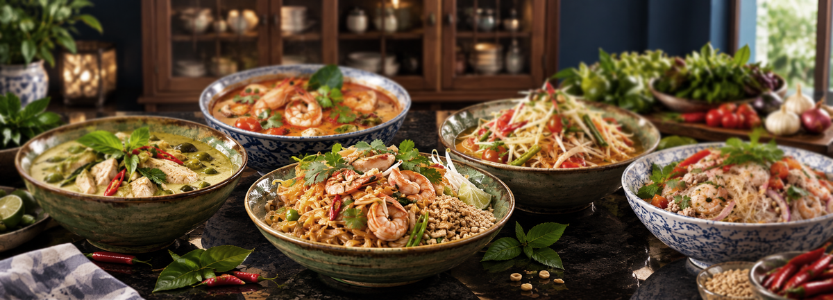 A styled food spread featuring multiple bowls of Thai dishes, including green curry, red curry, Pad Thai, Tom Yum Goong, and Som Tam papaya salad, set on a dark table with fresh herbs and a wooden cabinet in the background.