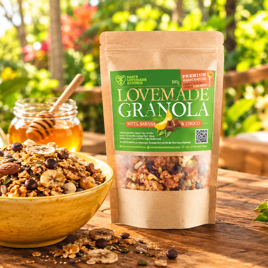 A 100 g stand-up pouch of Sasi's Lovemade Kitchen Granola in Nut, Banana & Cinnamon flavor, displayed on a wooden table with a bowl of the granola and a jar of honey in a sunlit outdoor garden setting.