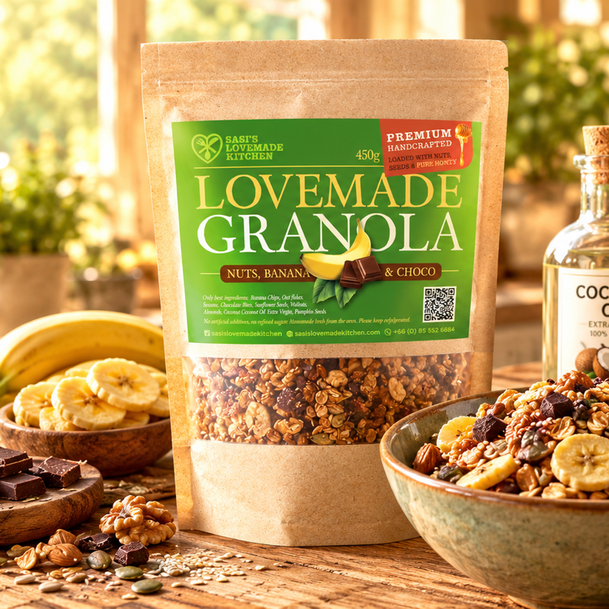 A stand-up pouch of Sasi's Lovemade Kitchen Granola in Nuts, Banana & Choco flavor, displayed on a rustic wooden table with bowls of the granola and ingredients like banana slices, walnuts, and chocolate pieces.
