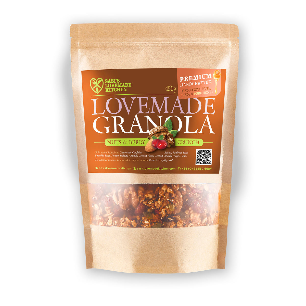 A 450g stand-up pouch of Sasi's Lovemade Kitchen Granola, Nuts & Berry Crunch, featuring a brown and beige label with a clear window showing the granola inside, set against a plain white background.
