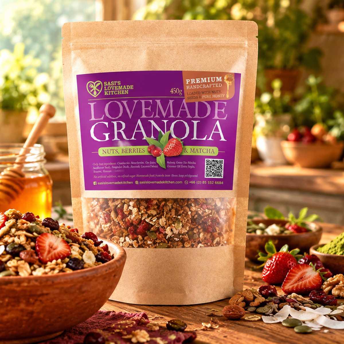 A stand-up pouch of Sasis's Lovemade Kitchen Granola, Nuts, Berries & Matcha, displayed on a rustic wooden table surrounded by bowls of the granola, fresh strawberries, and scattered nuts in a warm, sunlit kitchen setting.